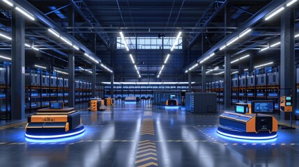 Obraz premium Advanced automated warehouse with robotic vehicles and digital interfaces enhancing operational efficiency in a large-scale logistics hub.