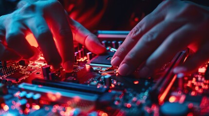 Close-up of a technician's hands expertly installing a processor onto a motherboard, surrounded by vibrant electronic components.