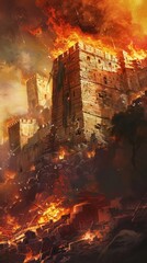 Fototapeta premium Tisha b'av painting jewish religious holiday burning ruined castle illustration 