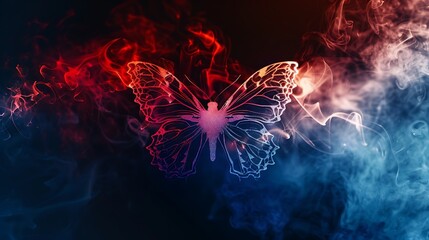 Shining butterfly with delicate lace paper wings on a dark background, gradient crimson and cobalt blue smoke, minimalistic, colorful, and intricate