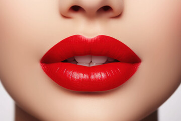 Fototapeta premium Close-Up of Beautifully Glossy Red Lips with Perfect White Teeth Against a Smooth Skin Background