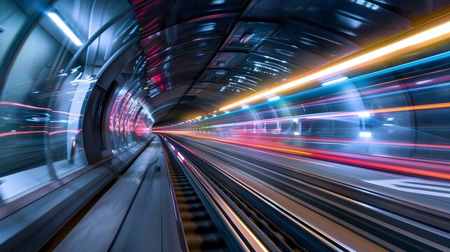 long-time exposure photograph of a hyper-modern Hyperloop system in motion from a centralized perspective