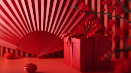 Design a 3D rendering of a red package with an ornate red Chinese ancient fan in the background, showcasing the fusion of contemporary and traditional styles