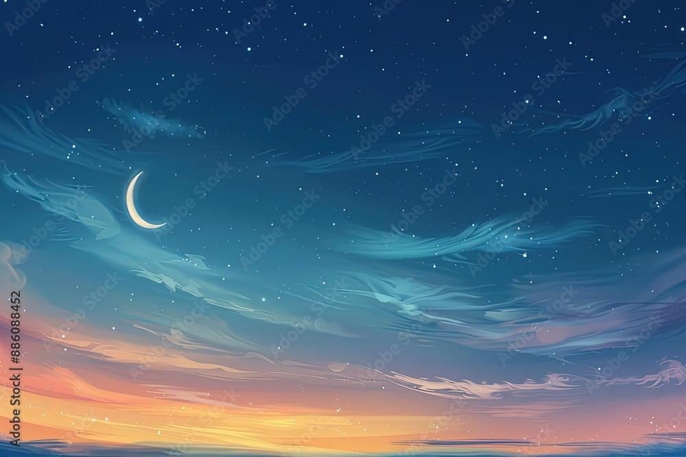 Wall mural a painting of a night sky with stars and a crescent