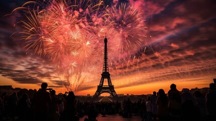 Eiffel tower silhouette with fireworks in paris, france during a vibrant celebration