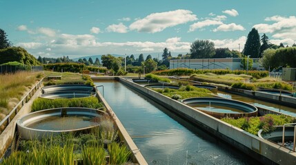 Naklejka premium Modern water treatment facility surrounded by lush gardens and circular water basins under a sunny sky.