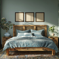  rustic wooden bed with blue pillows and bedside cabinets against green wall with posters frames 