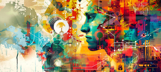 A colorful digital collage depicting a human face embedded within a network of abstract shapes and lines, signifying the interconnectedness of technology and humanity