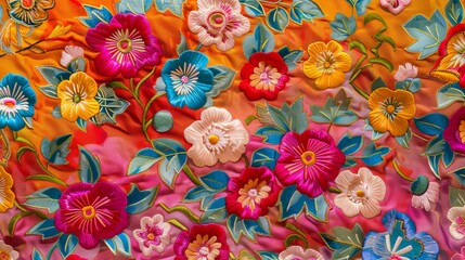 Colorful Embroidered Flowers on Fabric.