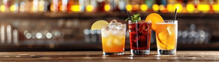 Assorted colorful cocktails on a wooden bar counter with a blurry background of bottles, perfect for a lively and vibrant party atmosphere.
