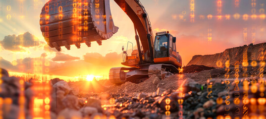 An excavator works in a quarry at sunset, with a futuristic data visualization overlay displaying graphs and numbers