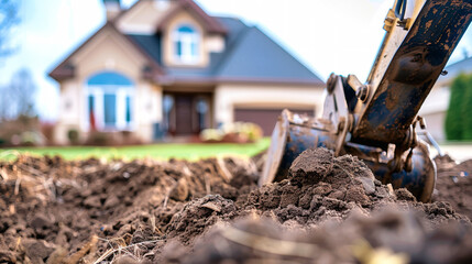 A close-up image of an excavator bucket digging a trench in the ground in front of a suburban home
