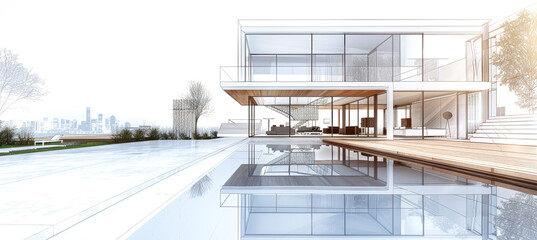 A 3D rendering of a modern villa with a glass facade and an infinity pool overlooking a city skyline