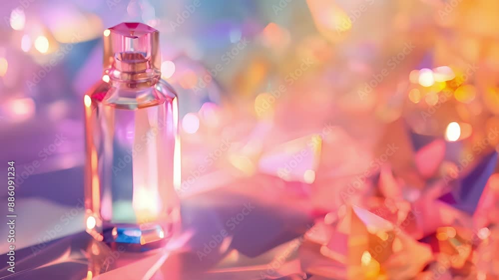 Poster a stunning perfume bottle with a faceted design and a mesmerizing color gradient resembling a crysta