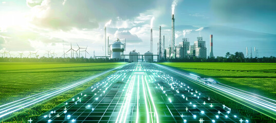 A digital twin representation of a future gas pipeline with data transmission capability, showcasing a sustainable energy future with wind turbines in the background