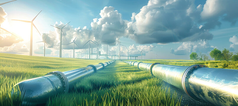 A digital painting depicting a futuristic energy landscape with wind turbines and pipelines - Powered by Adobe