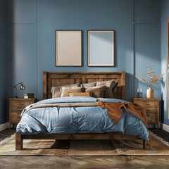  industrial wooden bed with brown pillows and bedside cabinets against blue wall with posters frames 