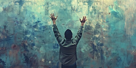Obraz premium Man stands in front of blue wall with colorful splatters. He wears gray jacket and black pants, arms raised up to sky in worship. Digital art style with vibrant colors and abstract background.