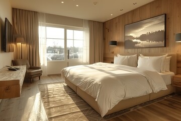 Hotel Room With Modern Minimalist: Clean lines, neutral colors, and uncluttered space with sleek furniture