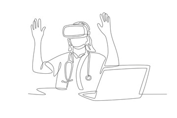 Doctor using vr while working. Medical technology concept one-line drawing