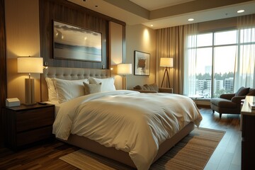 Hotel Room With Modern Minimalist: Clean lines, neutral colors, and uncluttered space with sleek furniture