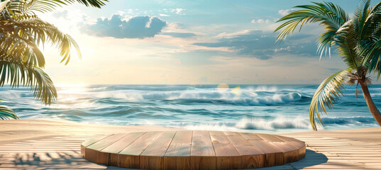 Obraz premium A scenic view of a tranquil beach at sunset with a wooden podium in the foreground, ideal for showcasing products in a tropical setting