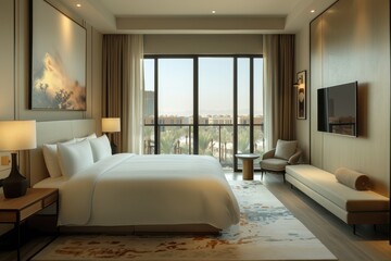 Hotel Room With Modern Minimalist: Clean lines, neutral colors, and uncluttered space with sleek furniture