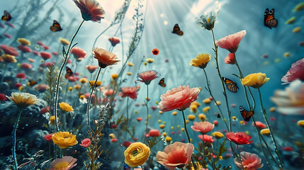 underwater scene with butterfly resting on vibrant orange flowers surrounded by aquatic plants and bubbles