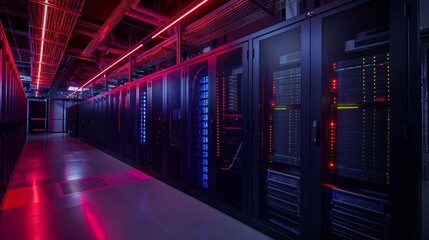 Naklejka premium Server Room with Red and Blue Lights