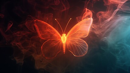 Shining butterfly with frosted paper wings on a dark background, gradient orange and sapphire smoke, simple, minimalistic, and ethereal