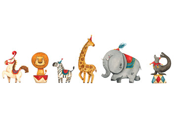 Bright, cheerful, childish seamless border with circus animals. Watercolor illustration is suitable for decoration of children's parties, cards, children's bedroom, clothing. Circus, retro, old circus © DemiLenka