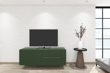 3d render of minimal interior design green tv credenza side the window with frame mock up on the floor. Light oak parquet floor, white brick wall and white ceiling. Set 3