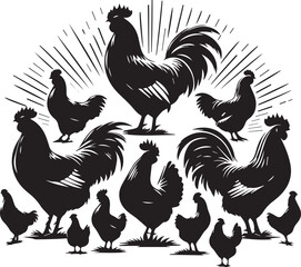 silhouettes Hen, a group of silhouettes Hen, black color isolated on white background vector and white background