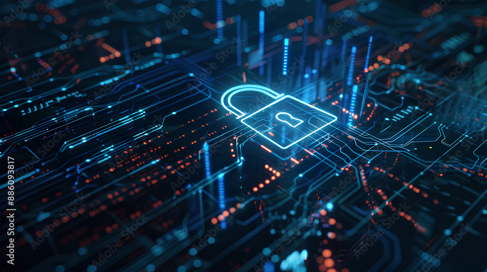 Poster abstract cyber security concept with a padlock icon, network data and dynamic lines on a light blue 