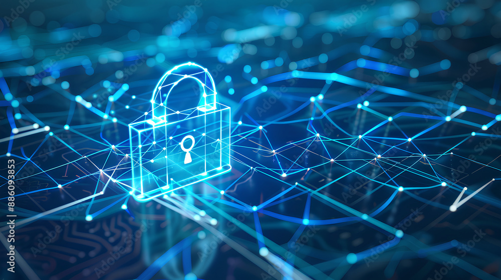 Poster abstract cyber security concept with a padlock icon, network data and dynamic lines on a light blue 