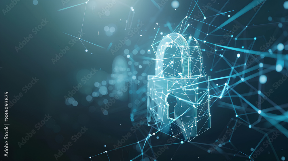 Poster abstract cyber security concept with a padlock icon, network data and dynamic lines on a light blue 
