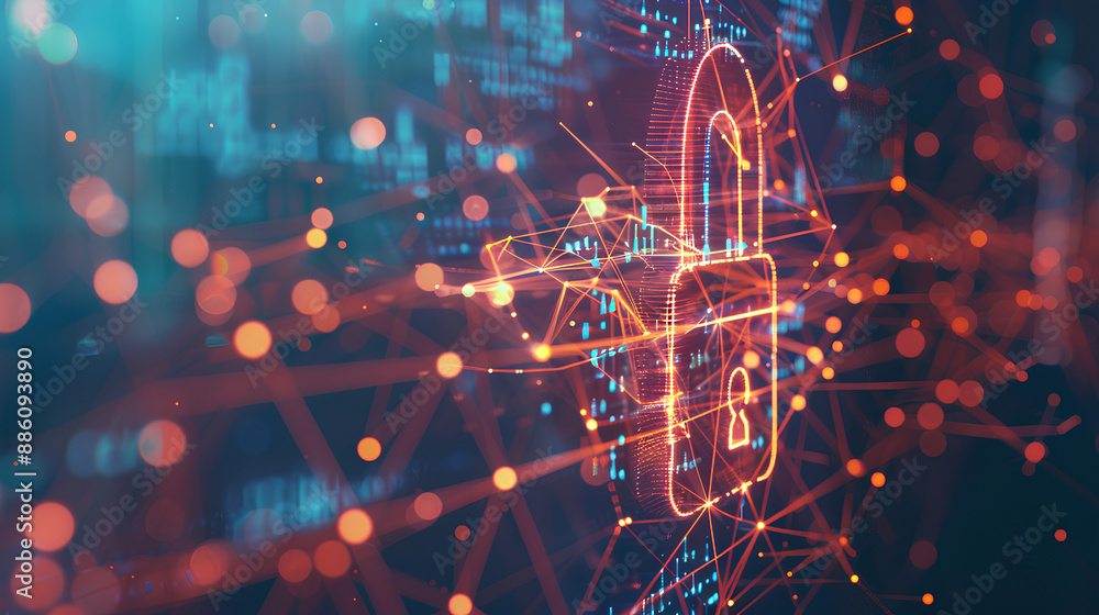 Poster abstract cyber security concept with a padlock icon, network data and dynamic lines on a light blue 