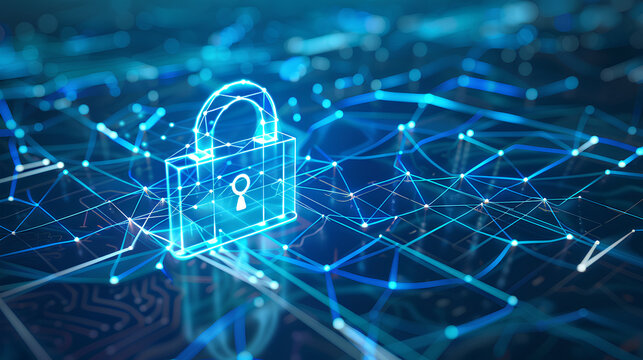 Abstract cyber security concept with a padlock icon, network data and dynamic lines on a light blue background Stock Illustration