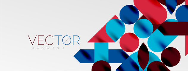 Fototapeta premium Mosaic geometric elements. Colorful circles, round geometric shapes and lines with shadow 3d effects. Simple forms abstract background for wallpaper, banner, template or landing