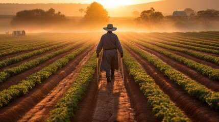 Fototapeta premium Silhouetted man in hat walking through coffee plantation during beautiful sunrise