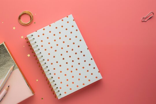 flat lay top view copy space empty middle mockup, red pink grey background with gold polka dot notebook and golden ring on the side,