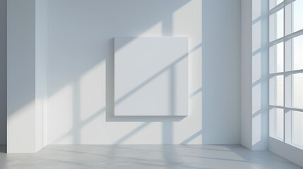 Obraz premium Empty white canvas on a wall in a bright gallery space with minimalist design, concept of modern art exhibition. 3D Rendering Stock Illustration