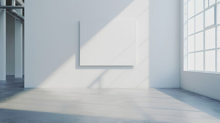 Fototapeta premium Empty white canvas on a wall in a bright gallery space with minimalist design, concept of modern art exhibition. 3D Rendering Stock Illustration