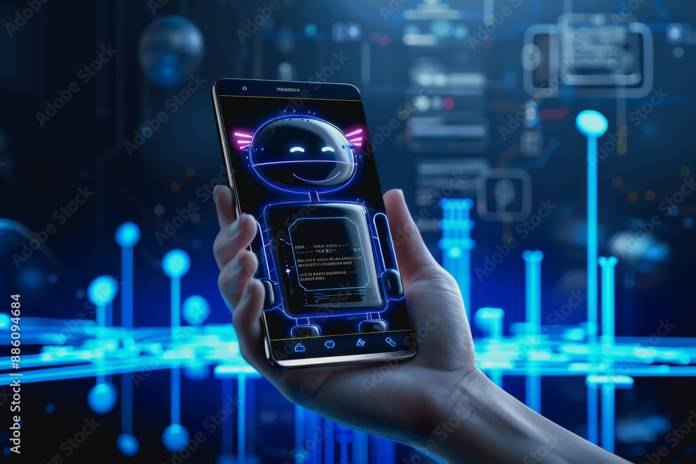 Poster hand holding smartphone showing glowing ai chatbot with digital circuit background