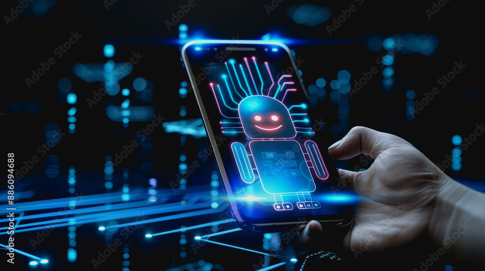 Poster hand holding smartphone showing glowing ai chatbot with digital circuit background