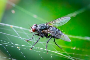 fly insect trapped on spider web in nature closeup