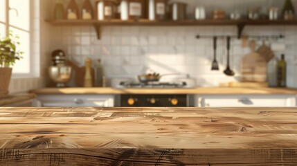 Wooden table on blurred kitchen bench background. Empty wooden table and blurred kitchen background

