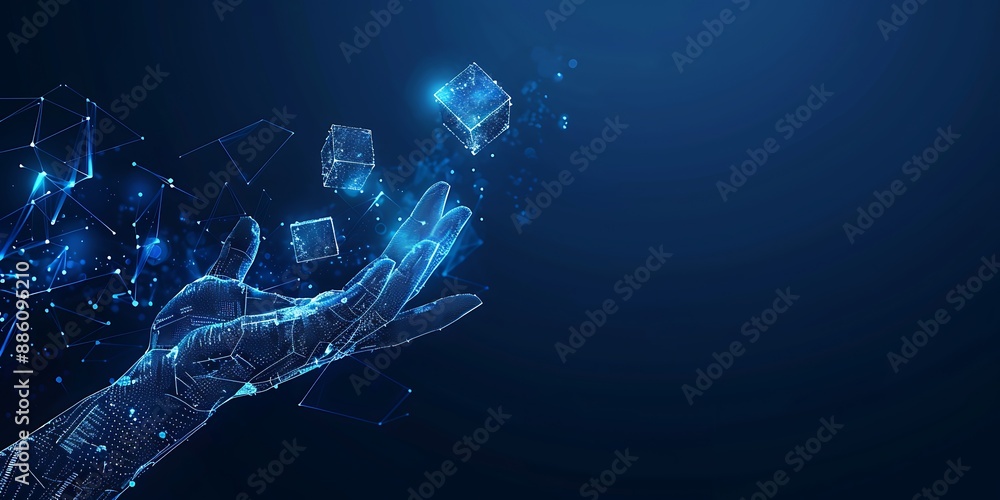 Sticker A hand holding glowing blue cubes on a dark background, depicting a technology concept for digital transformation and online business and social media marketing.