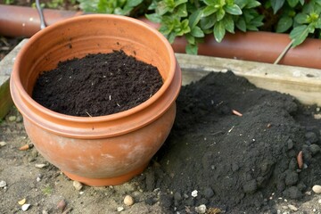 garden clay earth pot and black soil pile