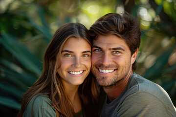 Fototapeta premium Young couple embracing and taking a photo